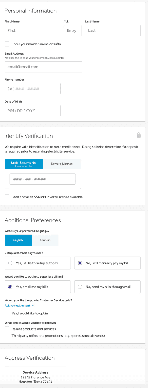 Personal information, identity verification, and additional preferences screens.