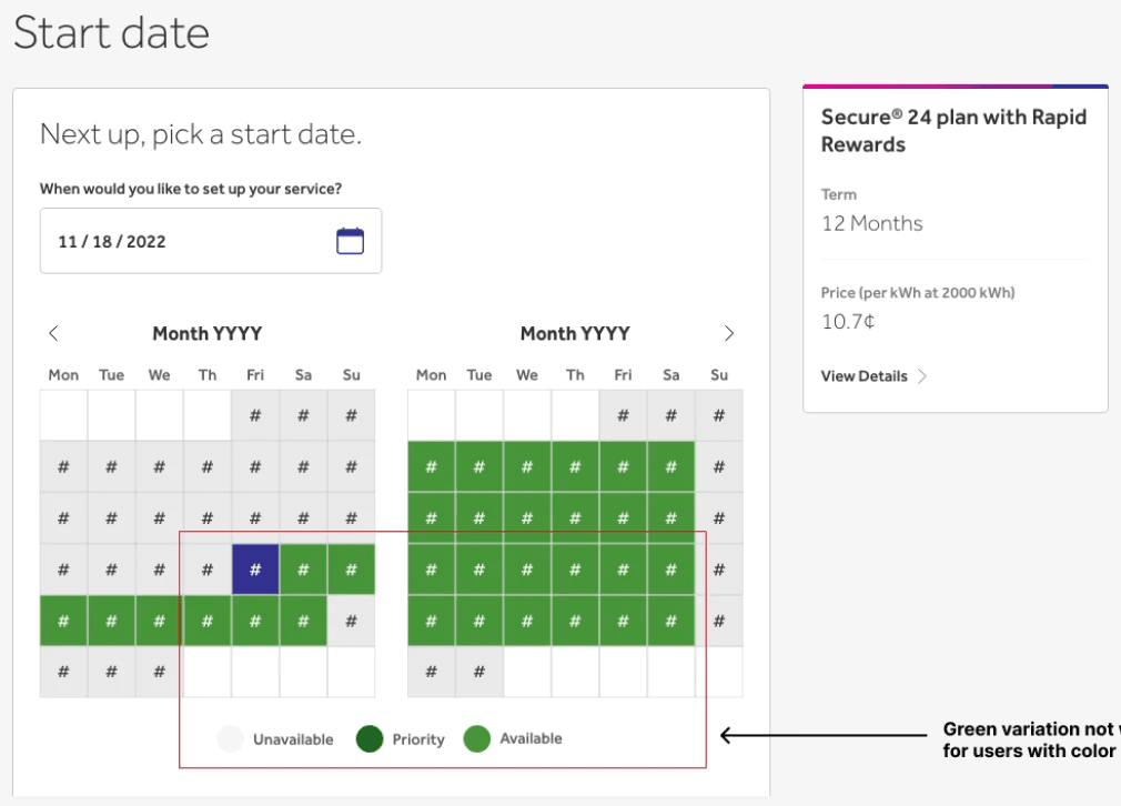 Start-date calendar — color-coding accessibility concern and modal-trigger confusion pattern.