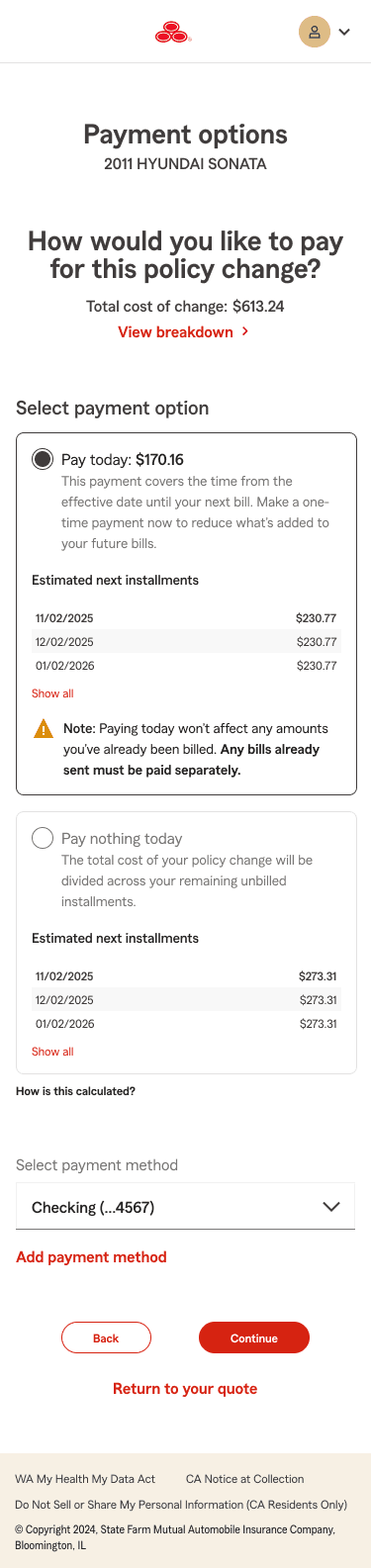Each amount is labeled and grouped, the warning note covers already-billed amounts, and estimated next installments stay visible by default.